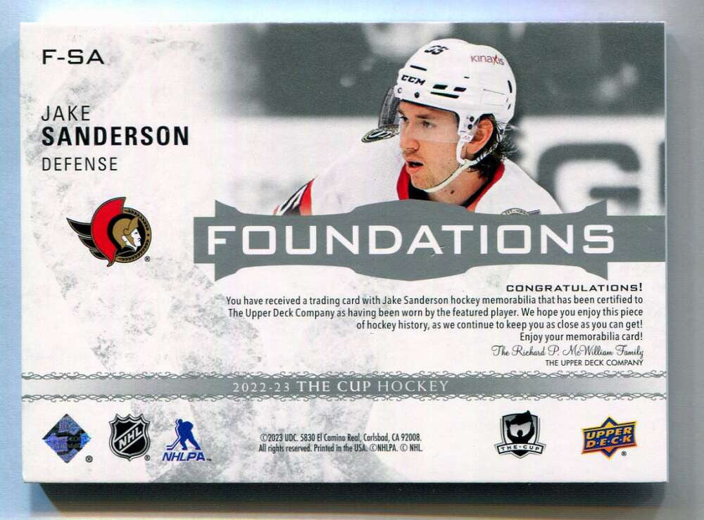 2022-23 The Cup Foundations Jerseys FSA Jake Sanderson Rookie Quad Jersey 30/99