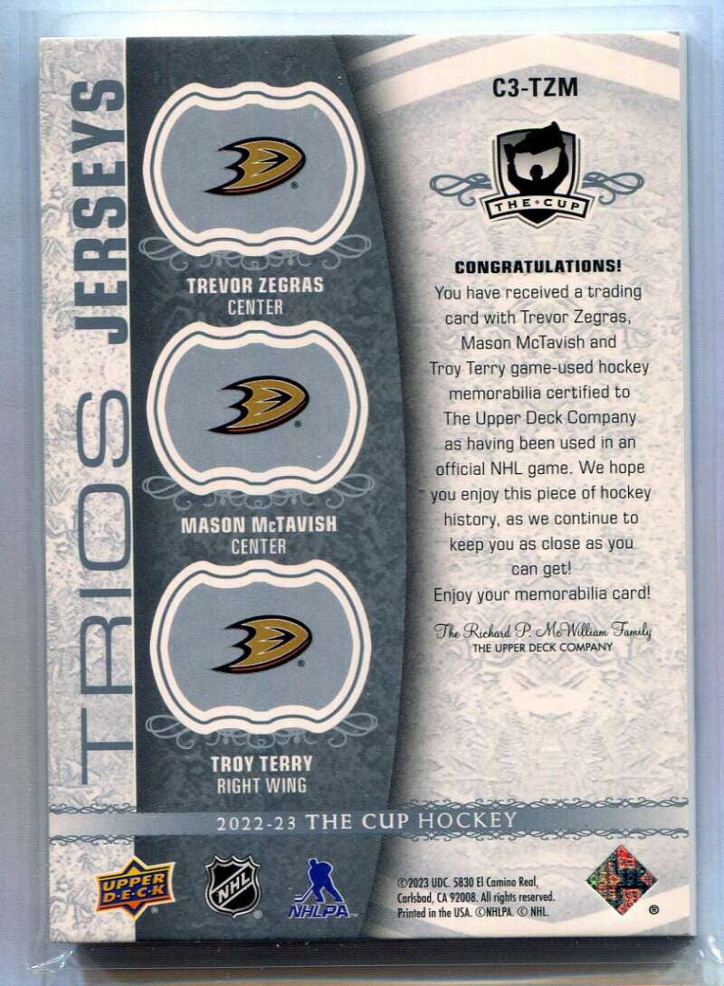 2022-23 The Cup Cup Trios Jerseys Troy Terry McTavish Zegras Triple Jersey 4/35