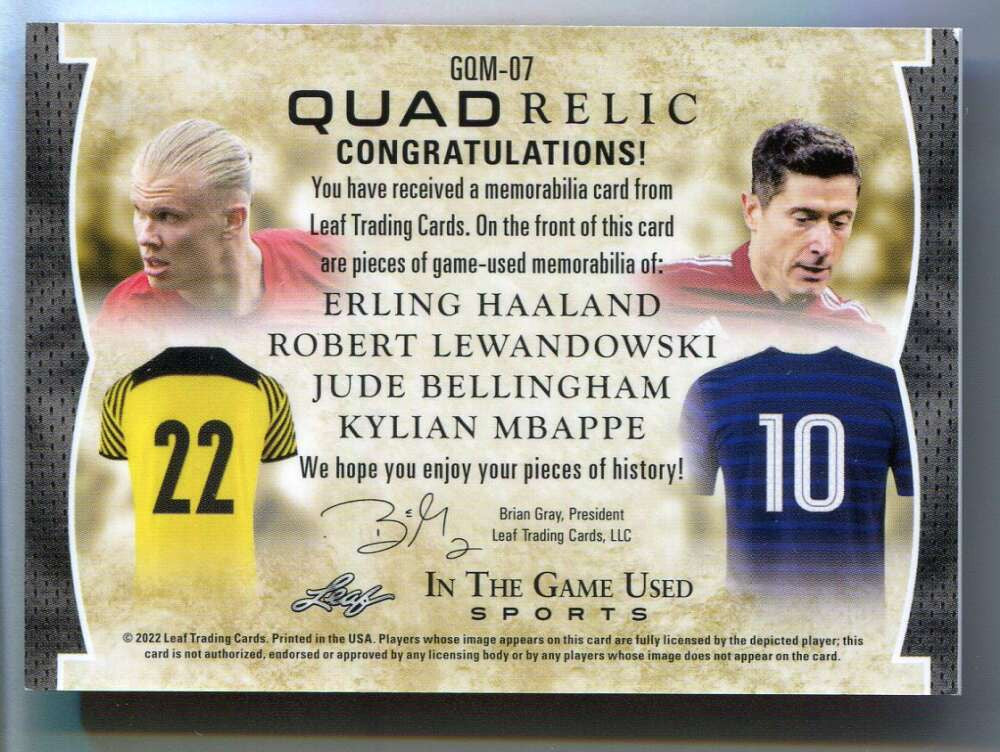 2022 ITG Used Red Bellingham Lewandowski Haaland Mbappe Quad Jersey Patch 19/35