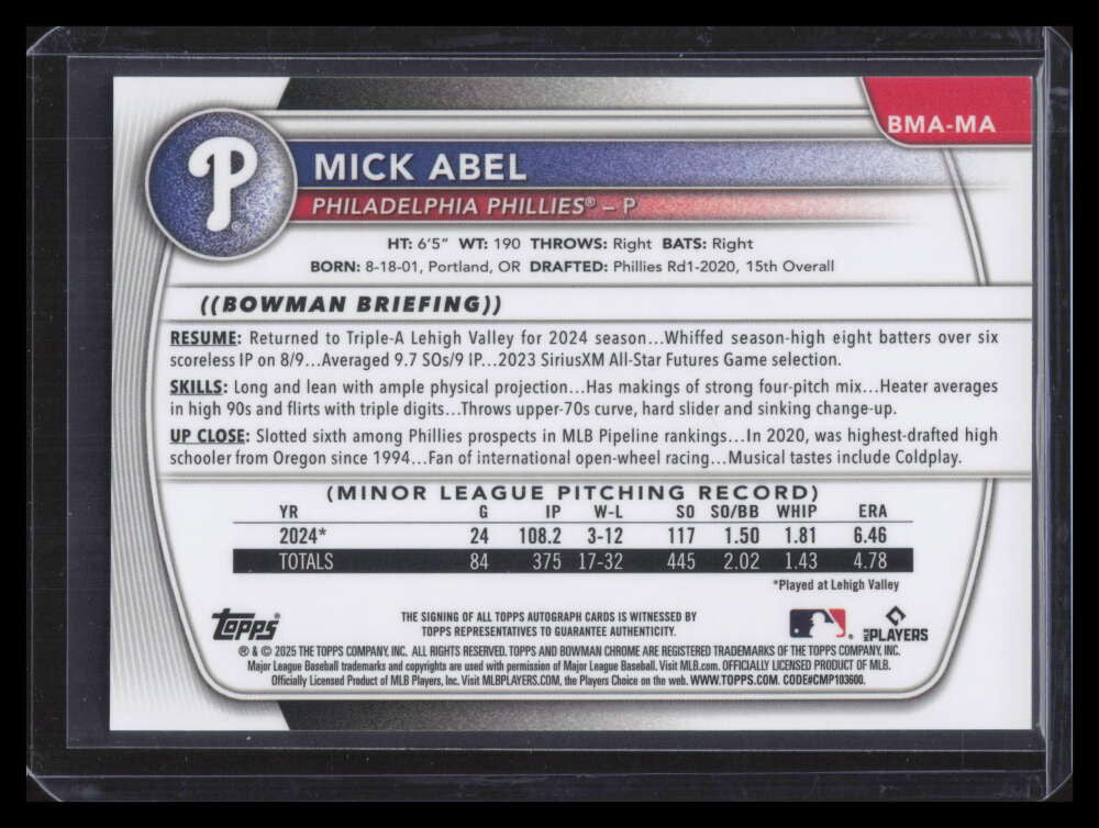 2025 Bowman Chrome Mega Box Prospect Autographs BMAMA Mick Abel Rookie Auto