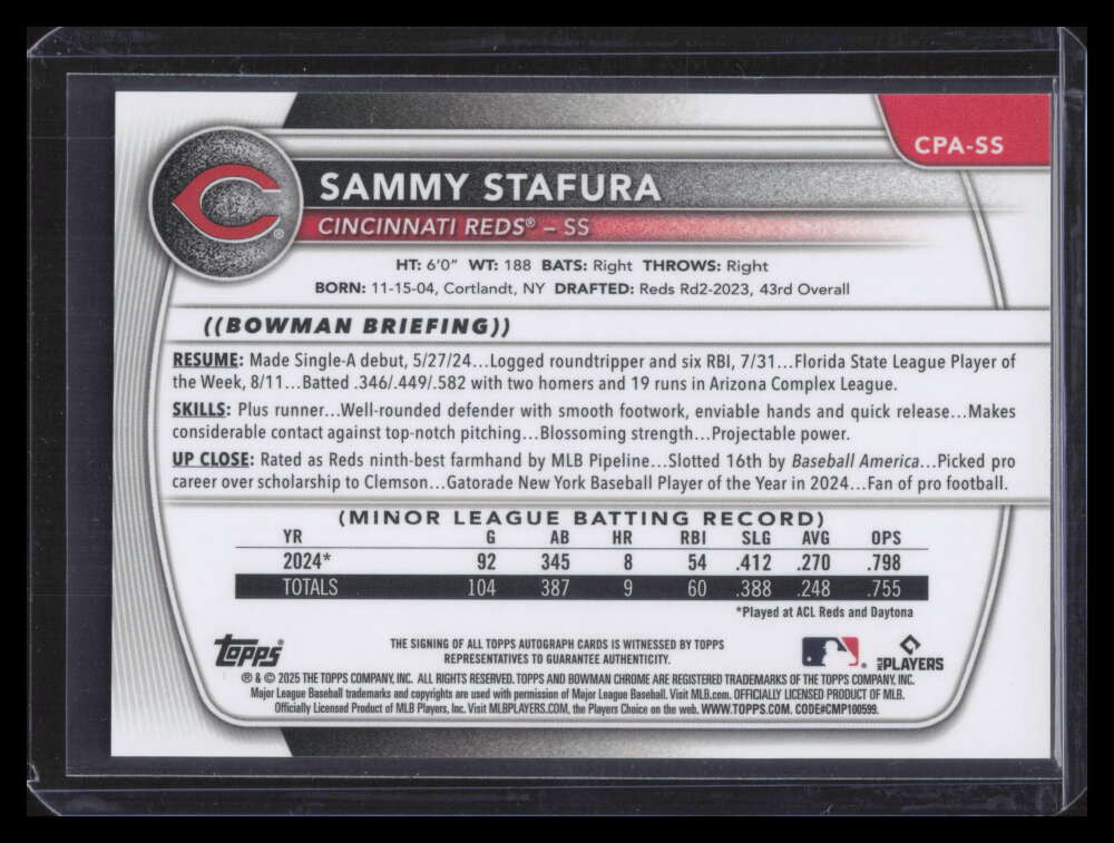 2025 Bowman Chrome Prospect Autographs CPASS Sammy Stafura Rookie Auto F06189