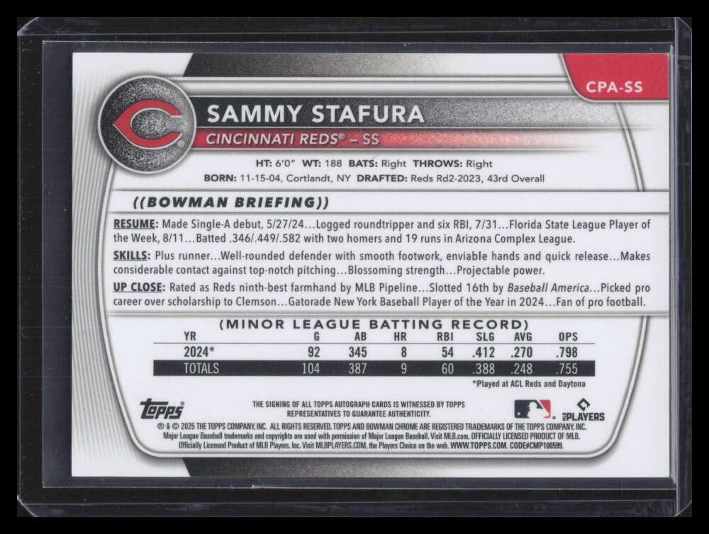2025 Bowman Chrome Prospect Autographs CPASS Sammy Stafura Rookie Auto F06190