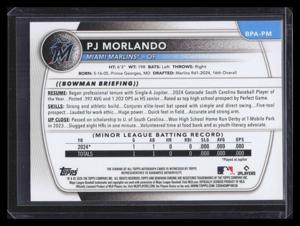 2025 Bowman Prospect Autographs BPAPM PJ Morlando Rookie Auto