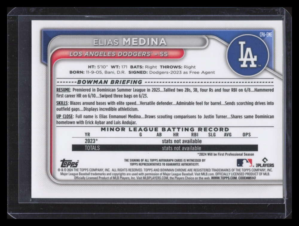 2024 Bowman Chrome Autographs Blue RayWave Refractor Elias Medina RC Auto 35/150