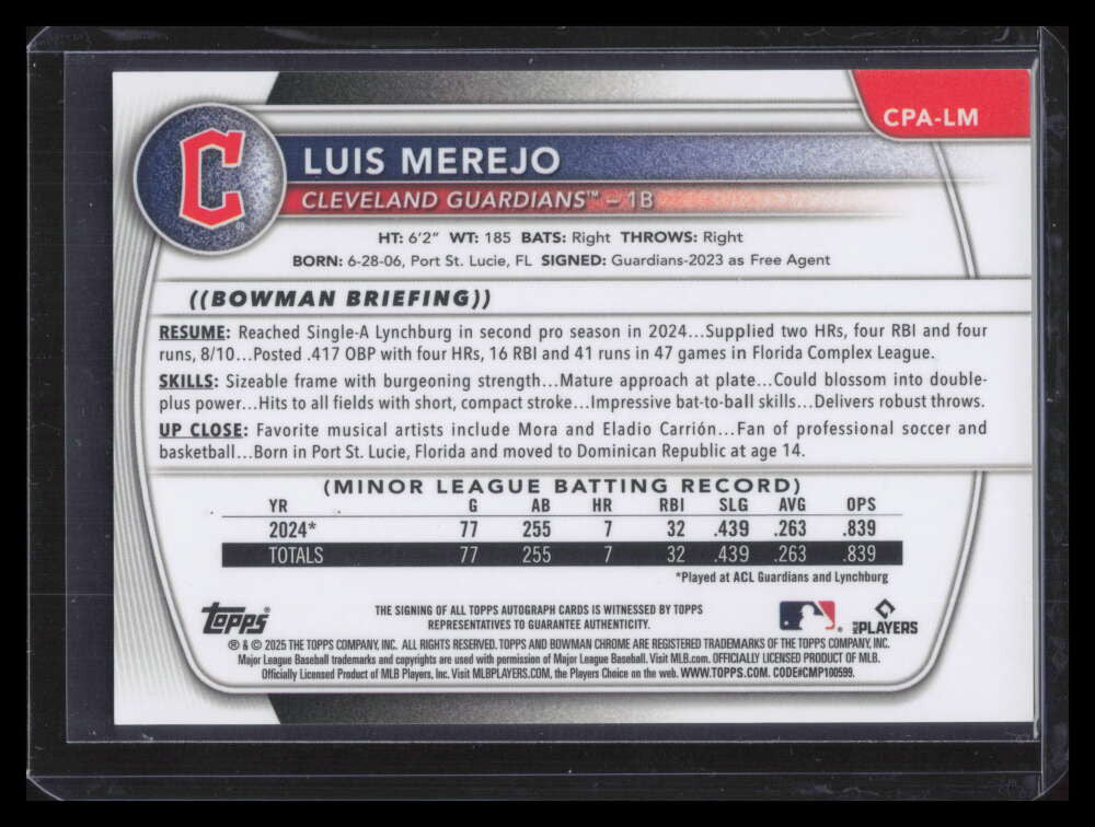 2025 Bowman Chrome Autographs Blue Refractor Luis Merejo Rookie Auto 15/150