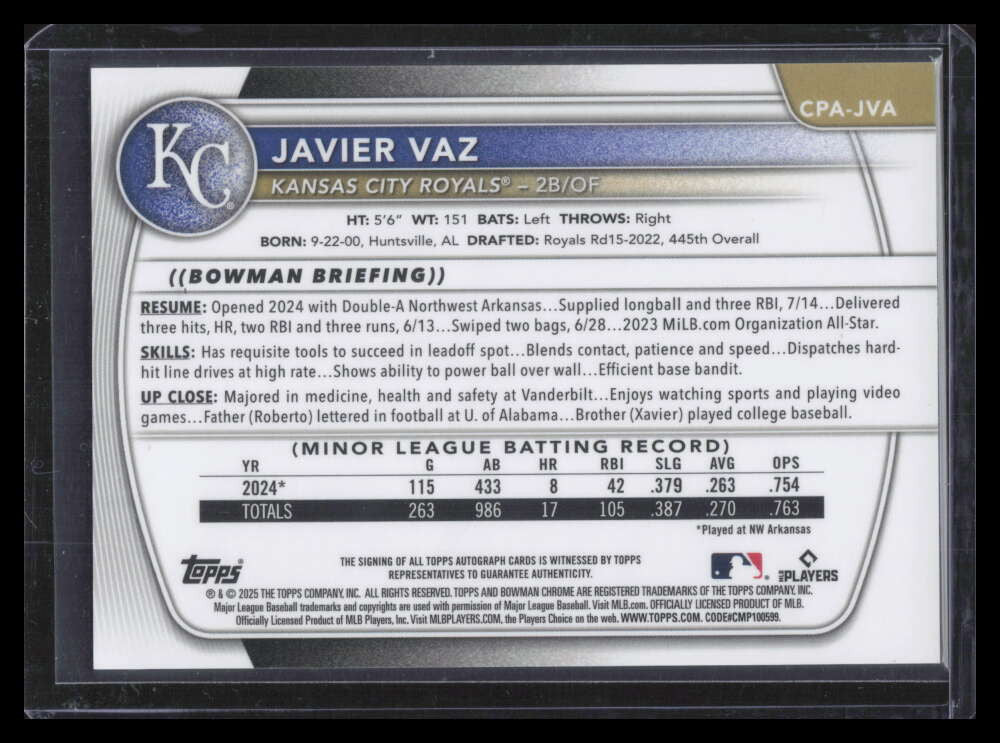 2025 Bowman Chrome Prospects Autographs Gold Refractor Javier Vaz RC Auto 44/50