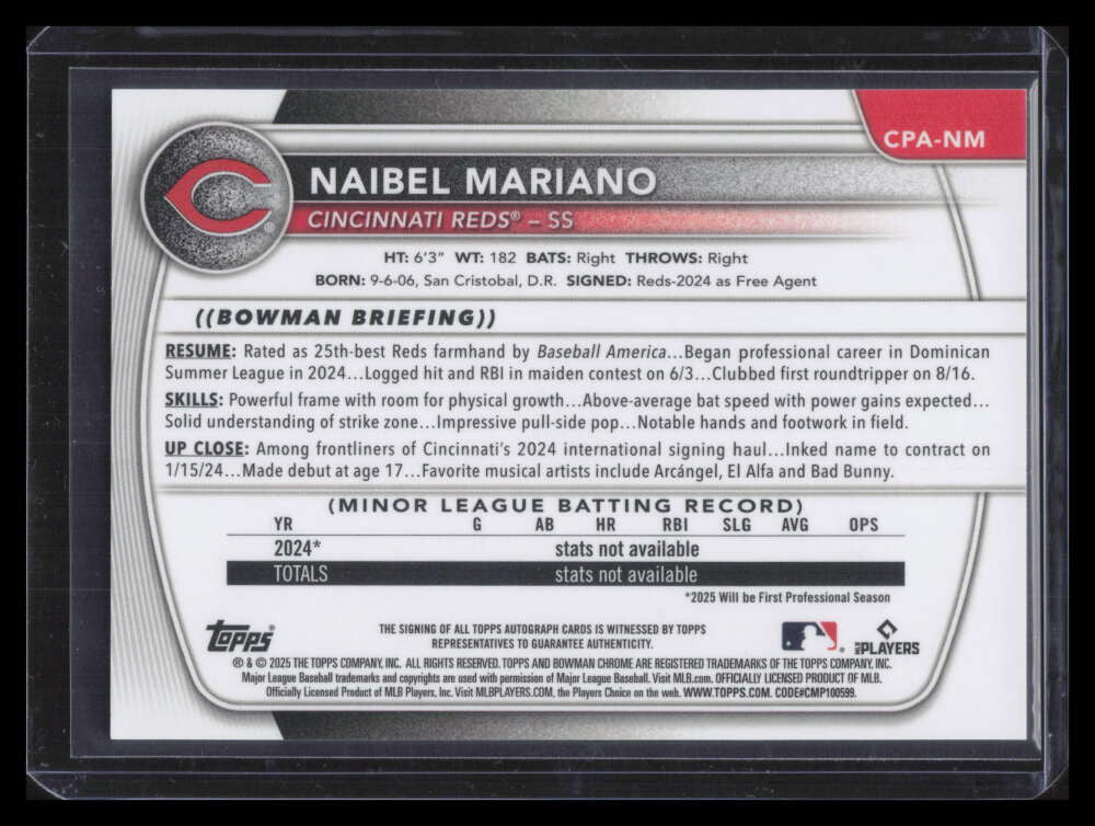 2025 Bowman Chrome Autographs Blue Refractor Naibel Mariano Rookie Auto 37/150