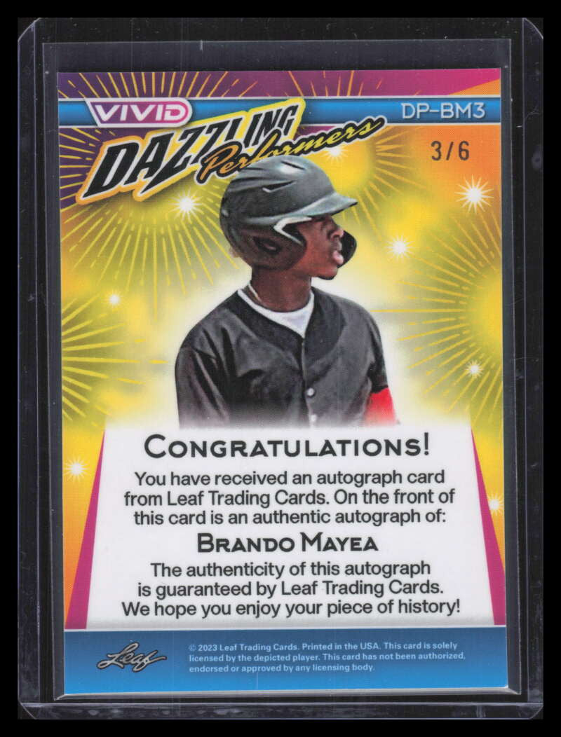 2023 Leaf Vivid Dazzling Performers Gray Prismatic Brando Mayea Rookie Auto 3/6