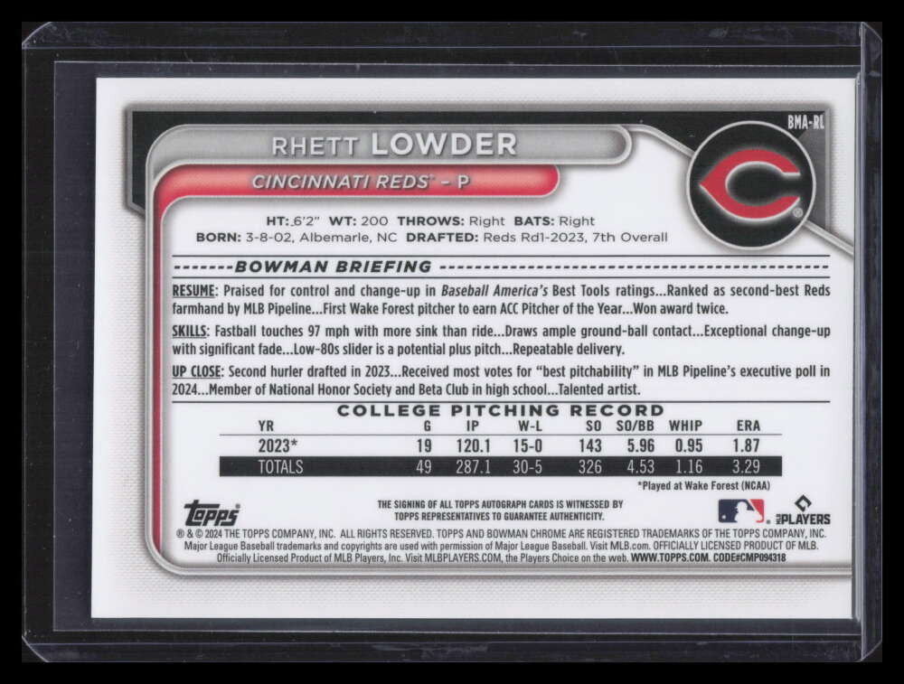 DELETE 165873 2024 Bowman Chrome Mega Box Autographs BMARL Rhett Lowder Rookie Auto