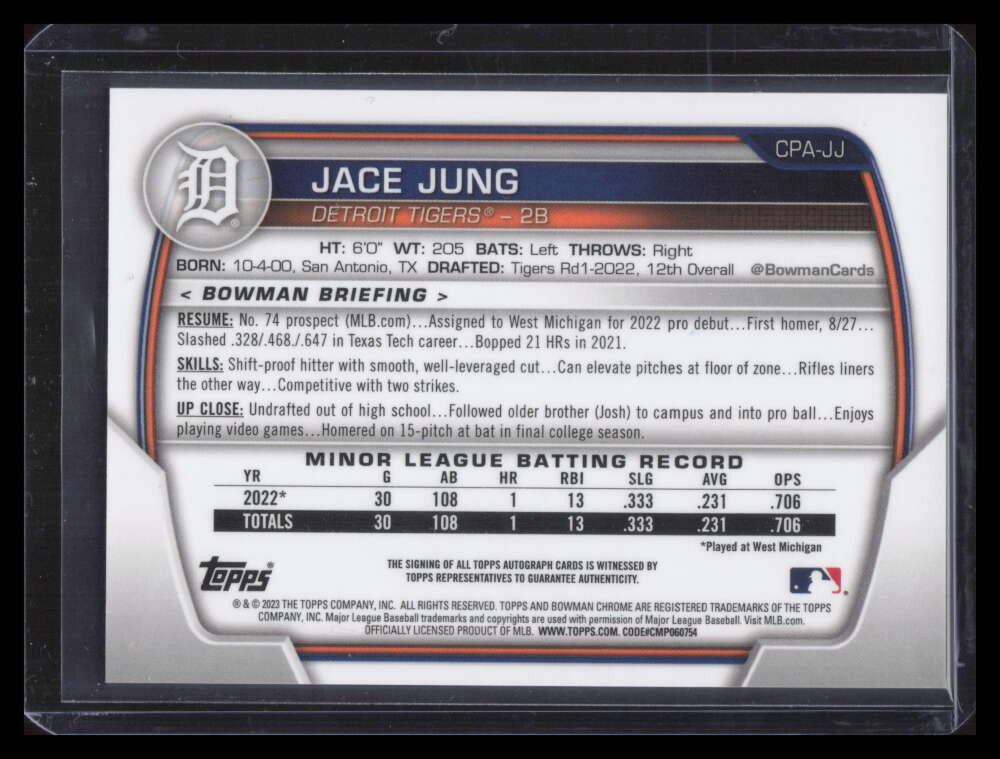 2023 Bowman Chrome Prospect Autographs Atomic Refractor Jace Jung RC Auto 34/100