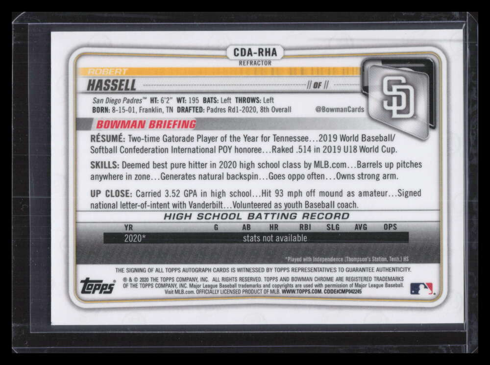 2020 Bowman Chrome Draft Autographs Refractor Robert Hassell Rookie Auto 423/499
