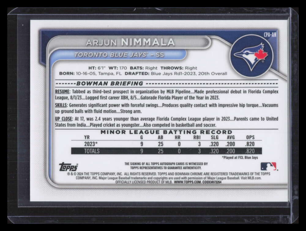 2024 Bowman Chrome Prospect Autographs CPAAN Arjun Nimmala Rookie Auto