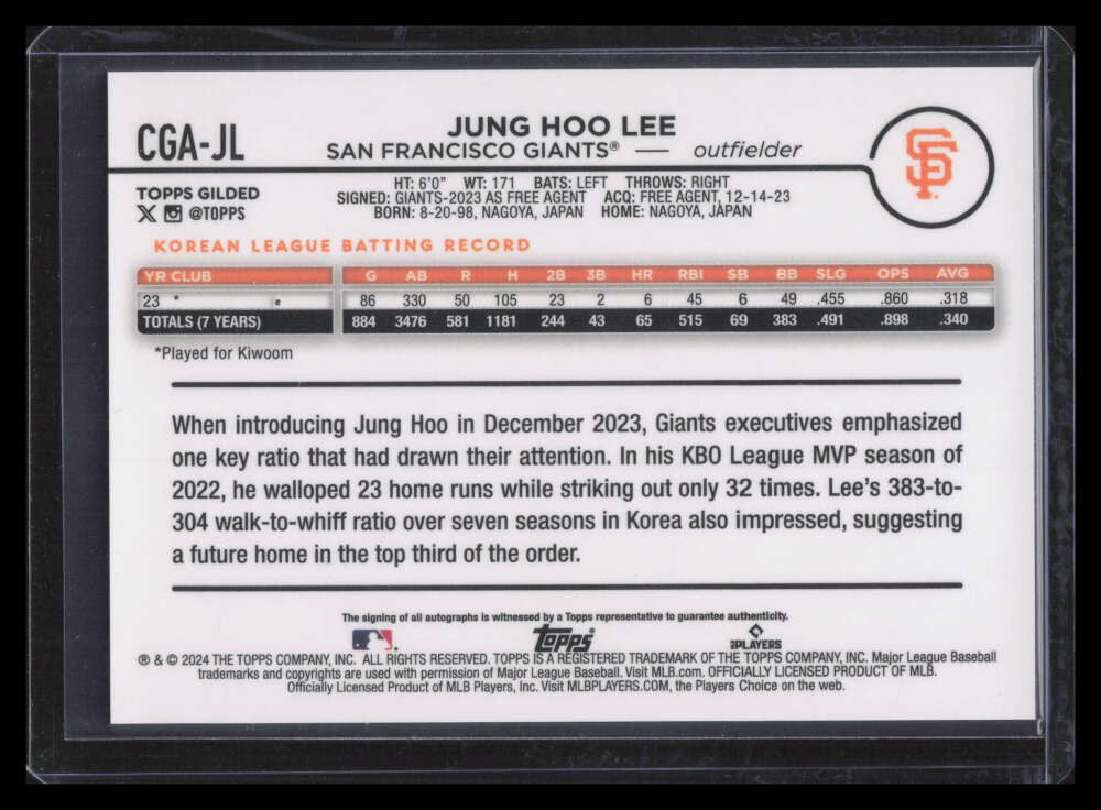 2024 Topps Chrome Gilded Collection Gold Autographs Jung Hoo Lee RC Auto 87/99