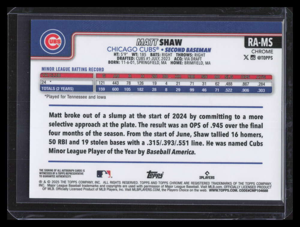 2025 Topps Chrome Rookie Autographs Black Refractor RAMS Matt Shaw RC Auto 8/10