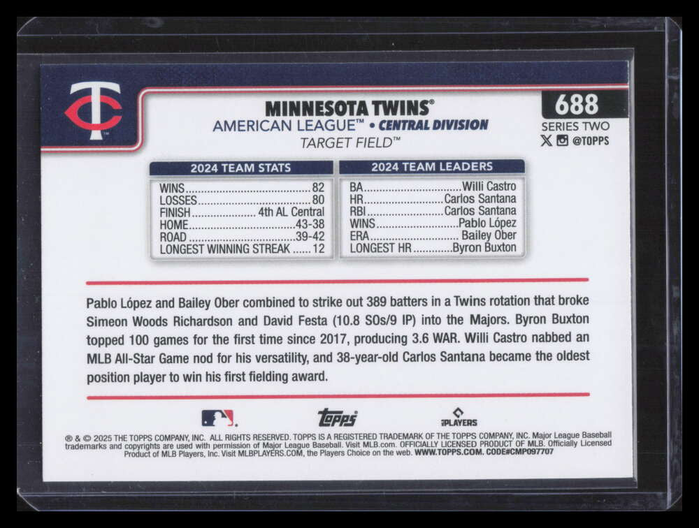 2025 Topps Team Color Border 688 Minnesota Twins Team Card