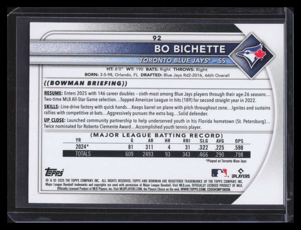 2025 Bowman Black 92 Bo Bichette 4/10