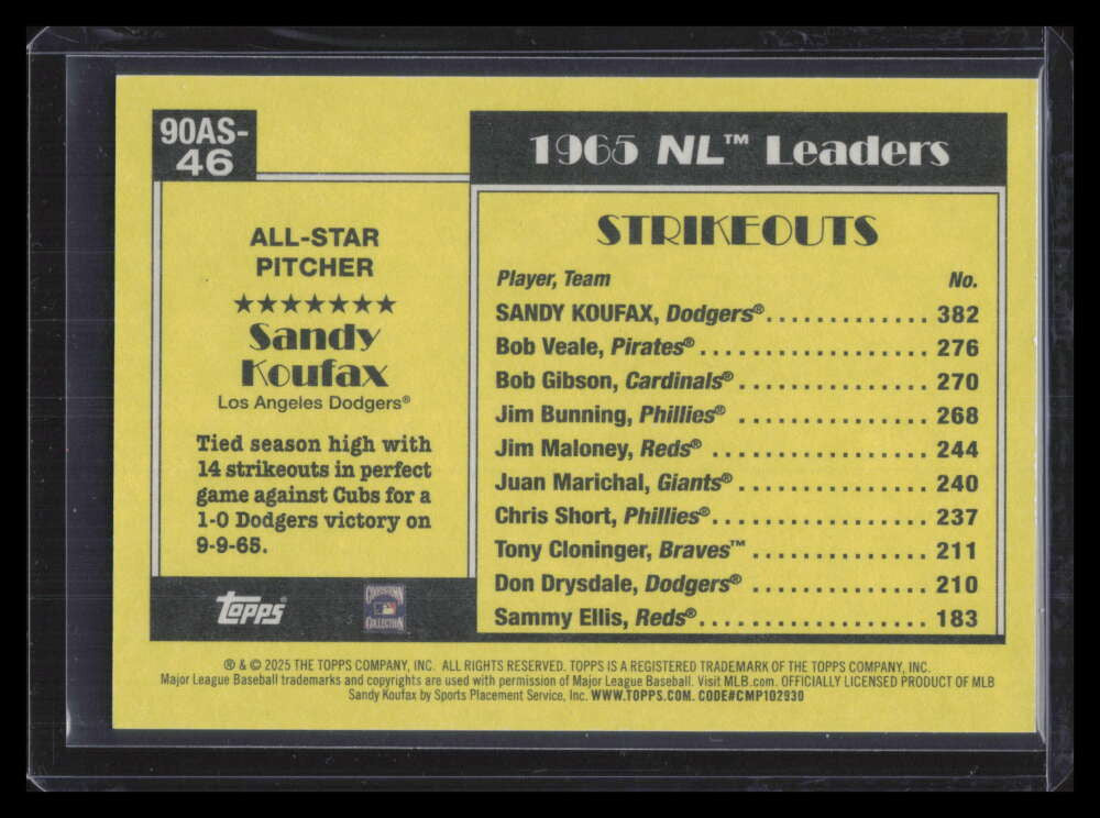 2025 Topps '90 Topps All Star The Real One 90as46 Sandy Koufax 39/90