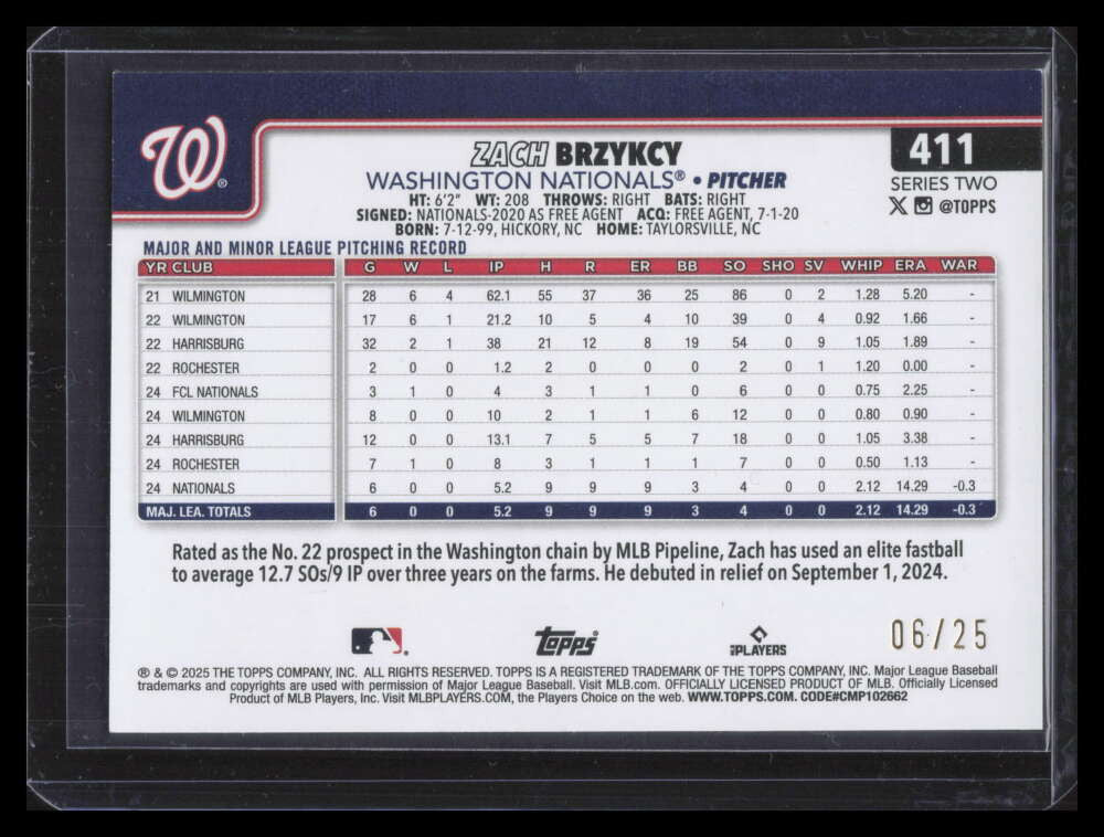 2025 Topps Wood 411 Zach Bryzkcy Rookie 6/25