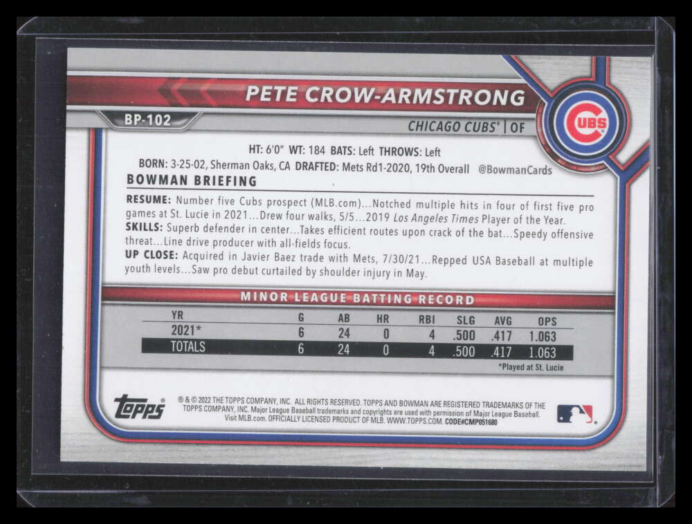 DELETE 166092 2022 Bowman Prospects Green Pattern bp102 Pete Crow-Armstrong Rookie 6/99