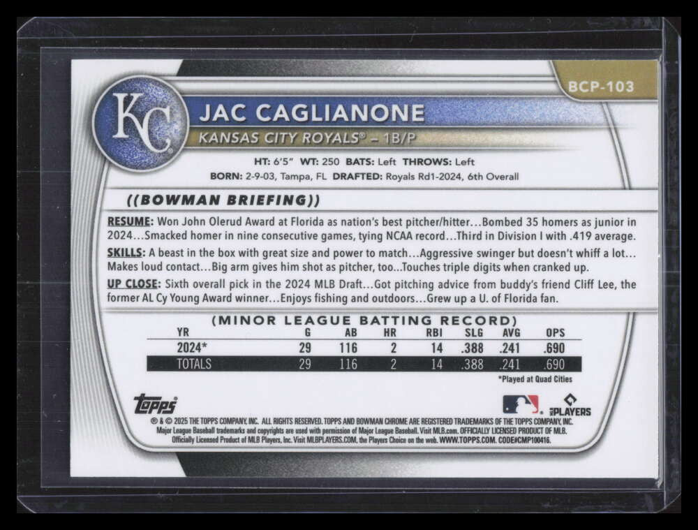 2025 Bowman Chrome Prospects Fuchsia Refractor bcp103 Jac Caglianone RC 128/199