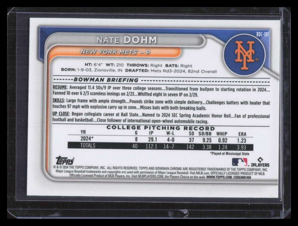 2024 Bowman Chrome Draft Popcorn Refractor bdc101 Nate Dohm Rookie