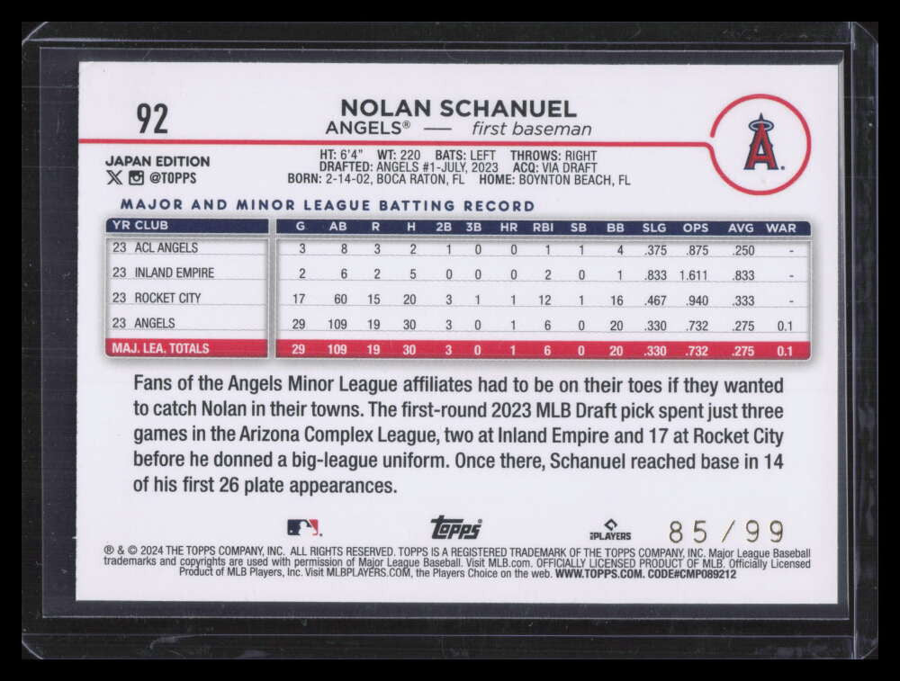 2024 Topps Japan Cherry Blossoms 92 Nolan Schanuel Rookie 85/99