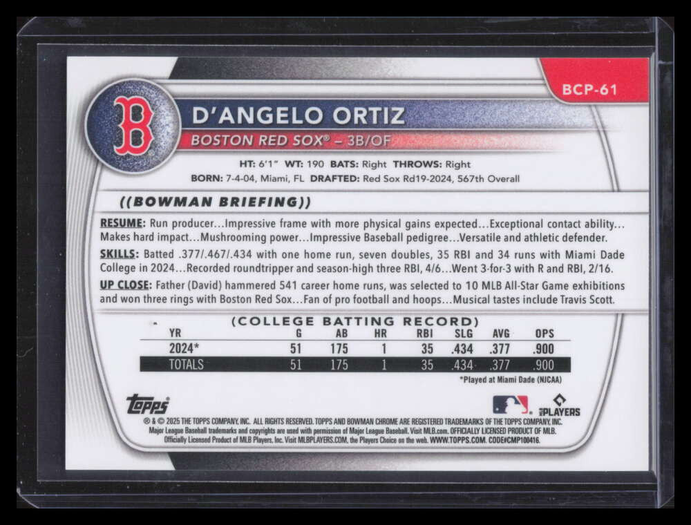 2025 Bowman Chrome Prospects Red Refractor bcp61 D'Angelo Ortiz Rookie 4/5