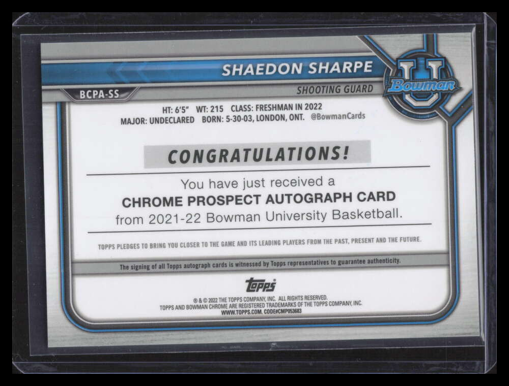 2021-22 Bowman Chrome University Autographs BCPASS Shaedon Sharpe Rookie Auto