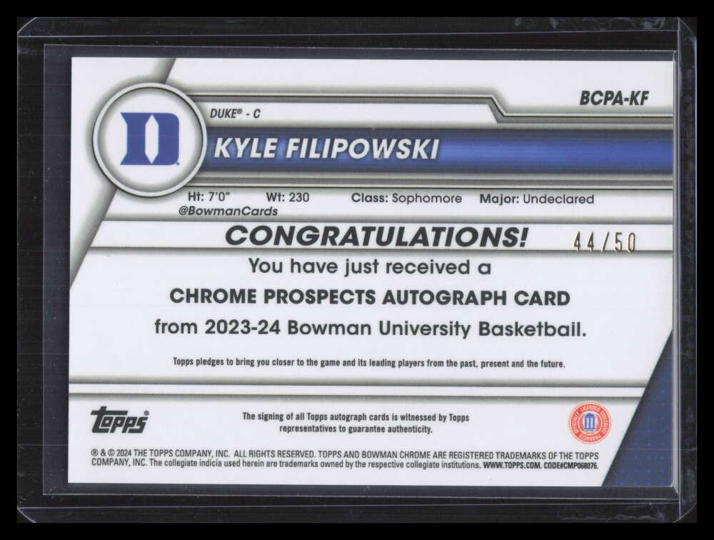2023-24 Bowman Chrome U Autographs Gold Refractor Fyle Filipowski RC Auto 44/50