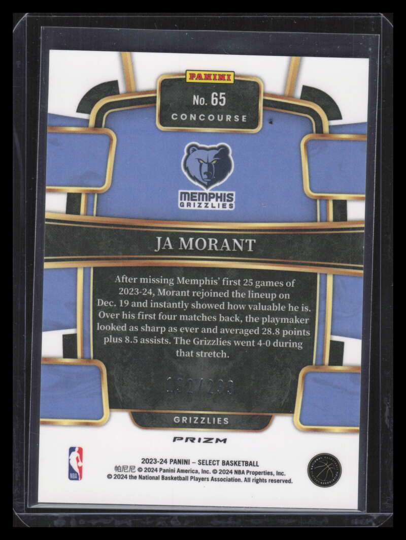 2023-24 Select Prizms Light Blue Refractor 65 Ja Morant 192/299 Concourse