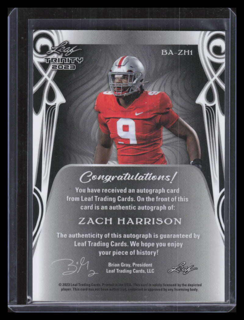 DELETE 166261 2023 Leaf Trinity Black Silver bazh1 Zach Harrison Rookie Auto 1/1