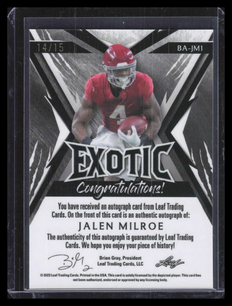 2023 Leaf Exotic Prismatic Tiger bajm1 Jalen Milroe Rookie Auto 14/15