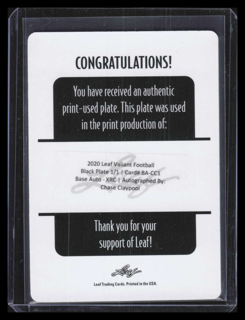 2020 Leaf Valiant Printing Plate Black bacc1 Chase Claypool Rookie Auto 1/1