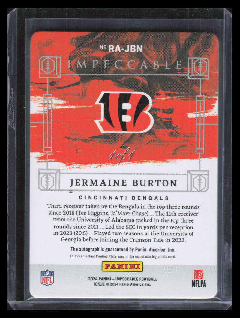 2024 Panini Impeccable Autographs Printing Plate Jermaine Burton Rookie Auto 1/1