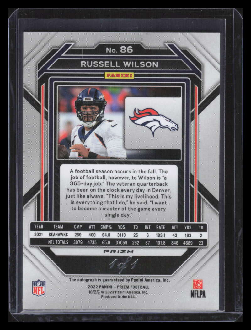 2022 Panini Prizm Autographs Prizms Black Shimmer 86 Russell Wilson Auto 1/1