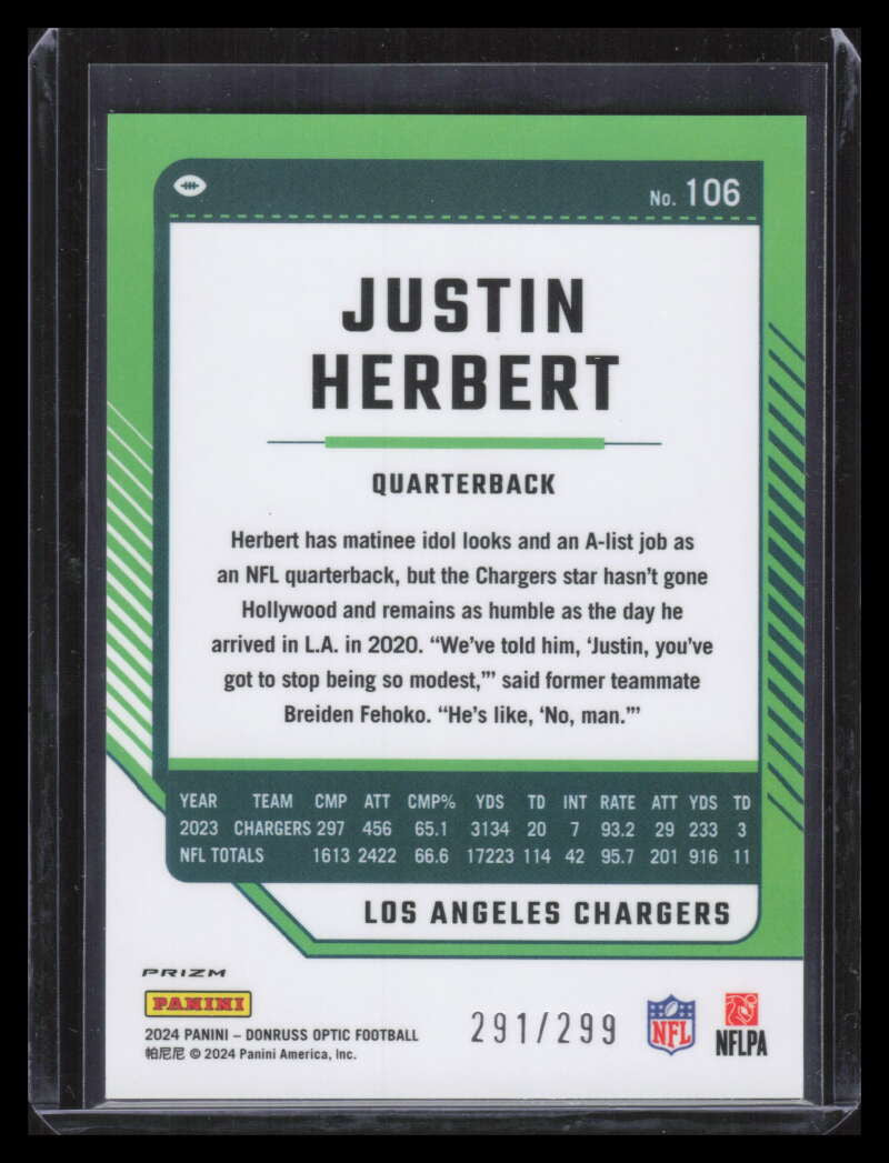 2024 Donruss Optic Aqua Refractor 106 Justin Herbert 291/299