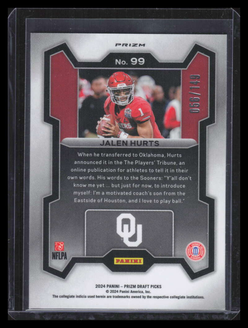 2024 Panini Prizm Draft Picks Prizms Purple Ice Refractor 99 Jalen Hurts 56/149