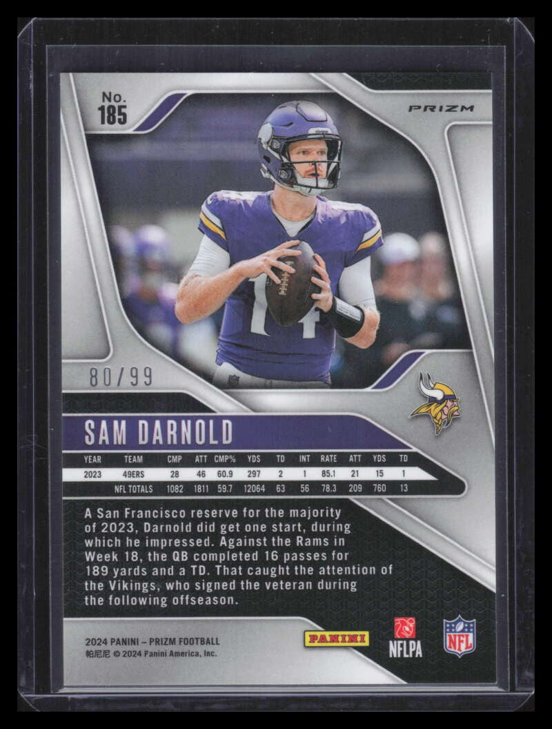 2024 Panini Prizm Prizms Purple Wave Refractor 185 Sam Darnold 80/99