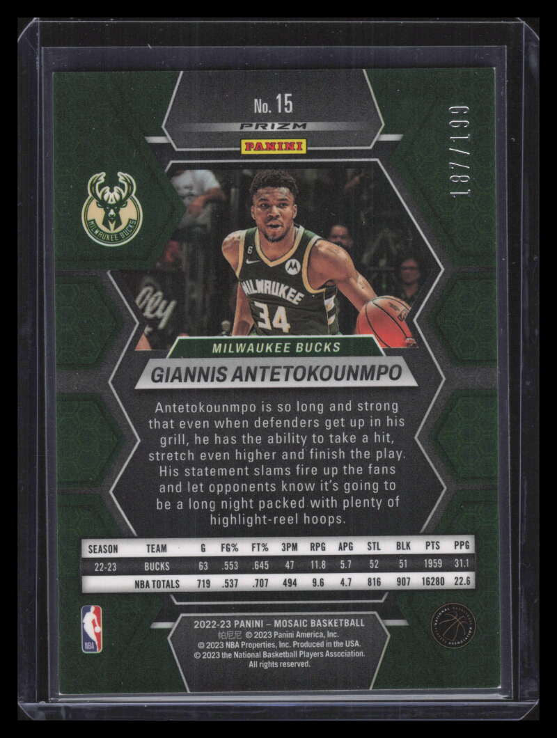 2022-23 Panini Mosaic Mosaic Blue Refractor 15 Giannis Antetokounmpo 187/199