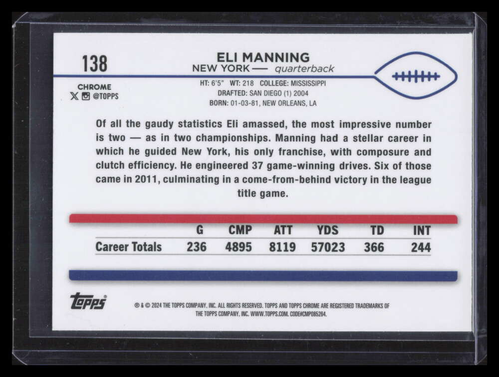 2024 Topps Chrome Yellow Wave Refractor 138 Eli Manning 12/75