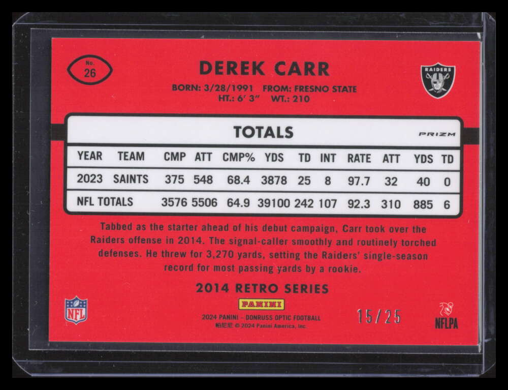 2024 Donruss Optic '14 Retro Series Black Pandora Refractor 26 Derek Carr 15/25