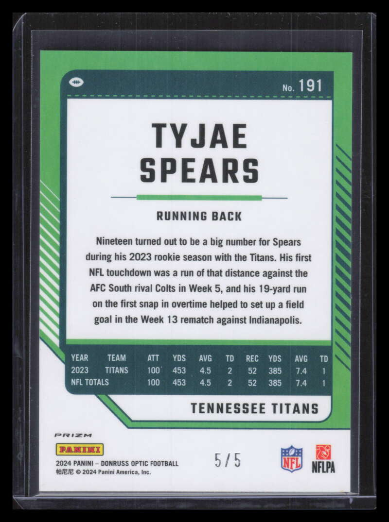 2024 Donruss Optic Green Refractor 191 Tyjae Spears 5/5