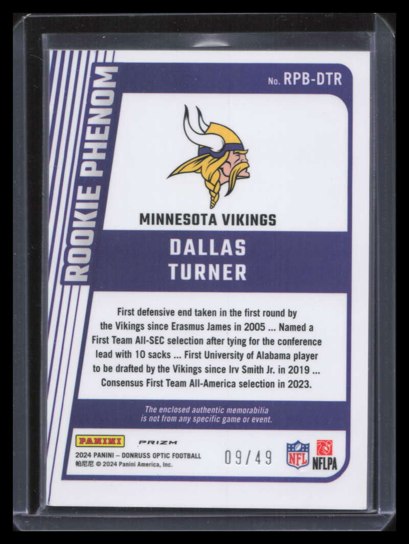 2024 Donruss Optic Rookie Phenoms Ice 11 Dallas Turner Rookie Patch 9/49