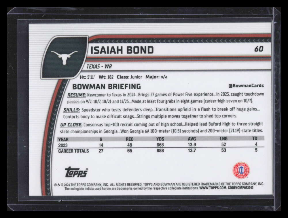 2024 Bowman Chrome U Black and White Stealth Refractor 60 Isaiah Bond RC 45/48