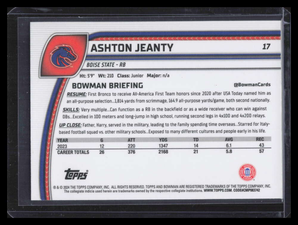 2024 Bowman Chrome University Pink Lava Refractor 17 Ashton Jeanty Rookie