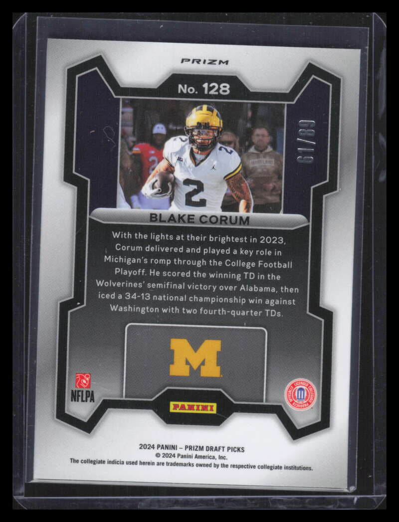 2024 Panini Prizm Draft Prizms Blue Finite Refractor 128 Blake Corum RC 61/89