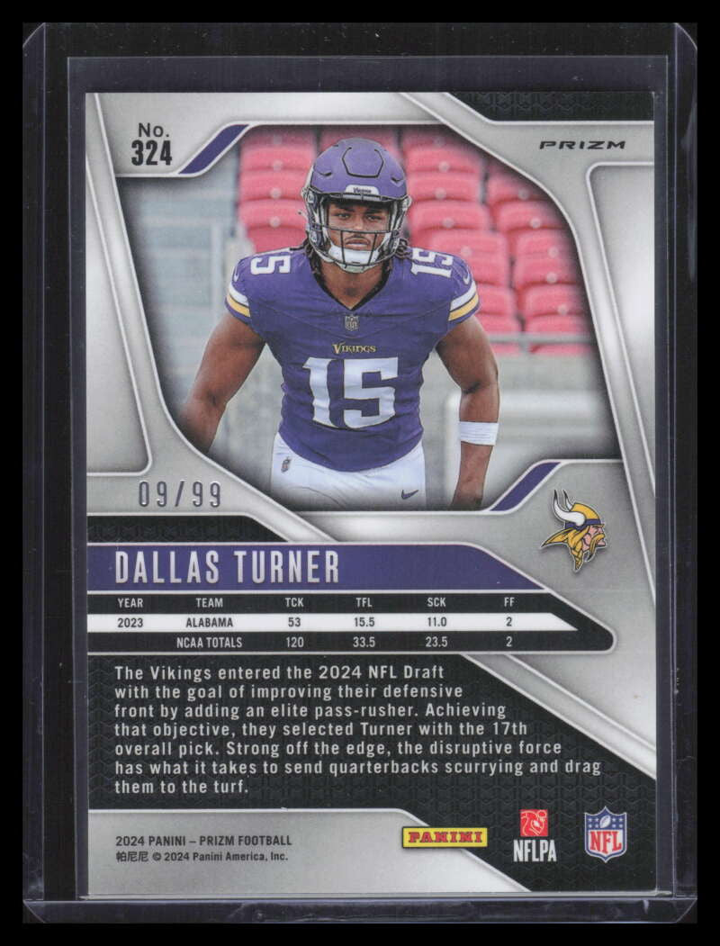 2024 Panini Prizm Prizms Blue Ice Refractor 324 Dallas Turner Rookie 9/99