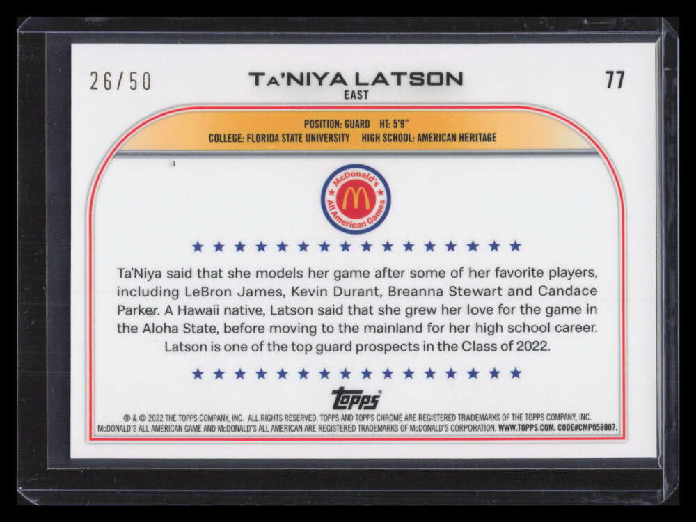 2022 Topps Chrome McDonald's Gold RayWave Refractor 77 Ta'Niya Latson RC 26/50