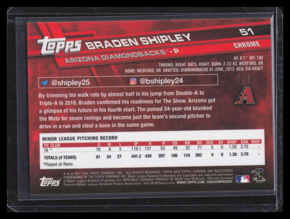 DELETE 167306 2017 Topps Chrome Red Refractor 51 Braden Shipley Rookie 3/5