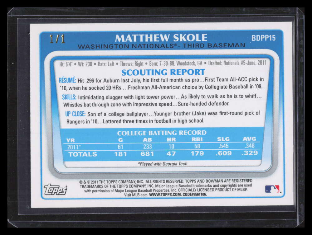 DELETE 167307 2011 Bowman Draft Prospects Red bdpp15 Matthew Skole Rookie 1/1